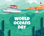 World Oceans Day With Yacht and Underwater Coral Reefs Scenery Concept
