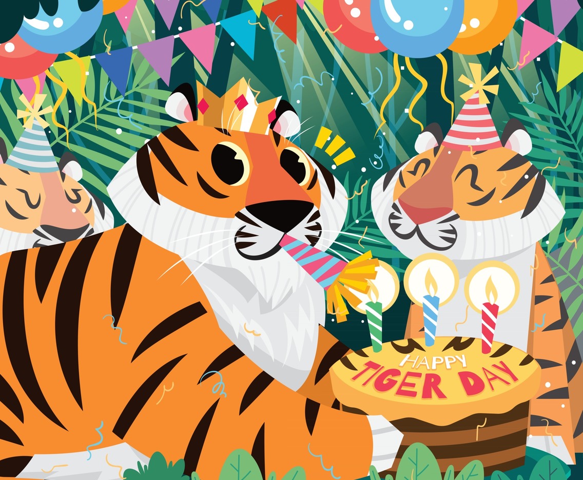 Cartoon Tigers Celebrating Tiger Day with Birthday Cake