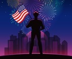 Man Silhouette Holding USA Flag at Fireworks Night