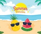 Cute Pinapple and Watermelon Character at the Summer Beach