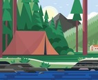 Giant Size Camp Among Big Trees and Rivers With Mountains Background Concept