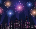 City Night Skyline with Fireworks Festival Scene