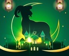 Eid Adha background with dramatic goat and mosque silhouette