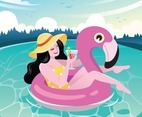 Woman Enjoy Drinking Cocktail on Flamingo Float
