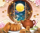 Mid Autumn Festival with Bunnies and Mooncake Concept