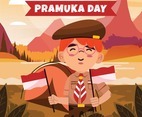 Boy Scout Holds Indonesian Flags While Camping