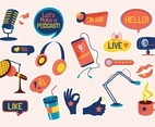 Podcast Broadcasting and Streaming Hand drawn Doodle Stickers Set