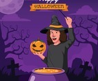 A Witch Holds a Pumpkin on Halloween Night