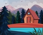 Cabin in the Forest with Mountain Scenery