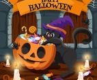 Cute Black Cat with Witch Hat Celebrates Halloween