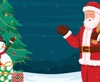 Santa Claus With Christmas Tree and Snowman