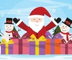 Santa Claus and Snowman Bring Christmas Gifts