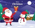 Santa Claus Brings Christmas Gift with Snowman Background