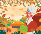 Happy Thanksgiving Background with Pilgrim Turkey Serving Pie