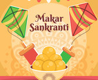 Makar Sankranti Greeting with Kites and Traditional Meal