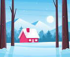 Winter Outdoor Scenery with House and Woods Background