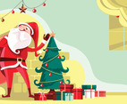 Santa Claus with  Santa Bag and Christmas Tree Background