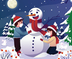 Children Make a Snowman on a Beautiful Night