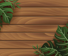 Wood and Foliage Background with Green Monstera Leaves