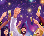 People Party Celebrating New Year Festival with Champagne and Fireworks