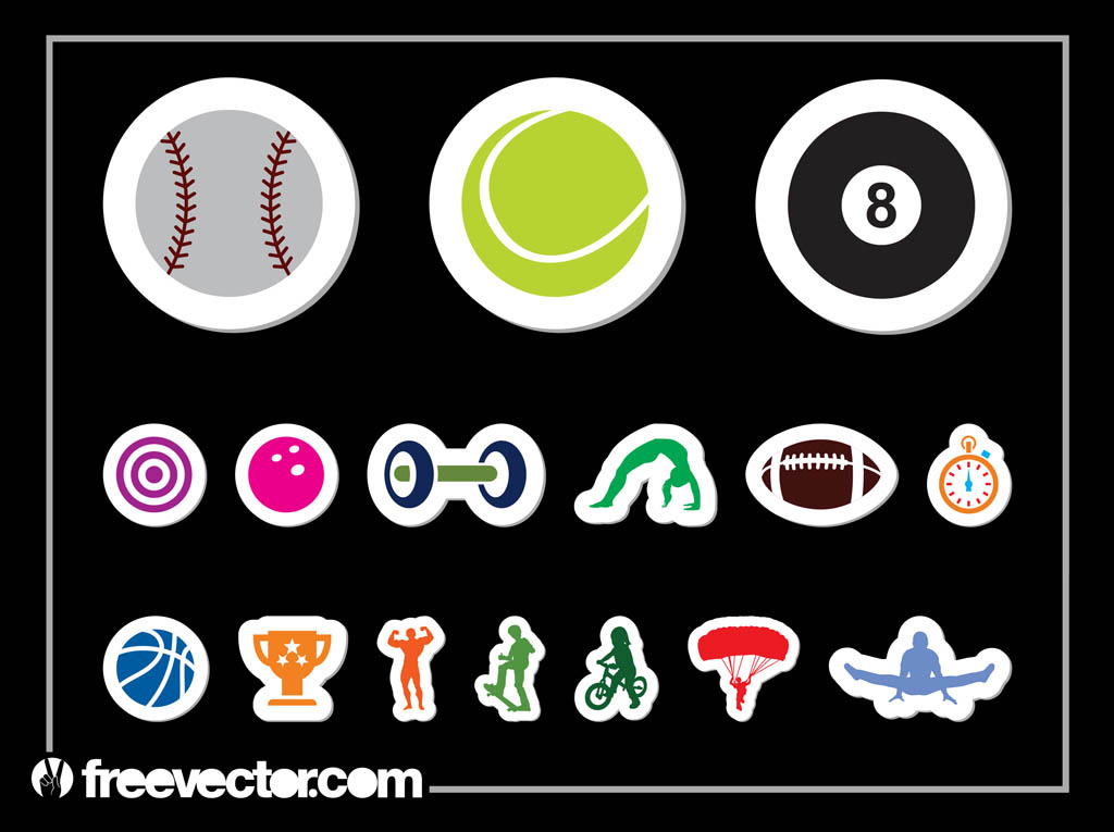Sports cute stickers set in flat cartoon design. Bundle of basketball,  baseball, football, bowling, skating, tennis, running, cycling and other.  Vector illustration for planner or organizer template Stock Vector